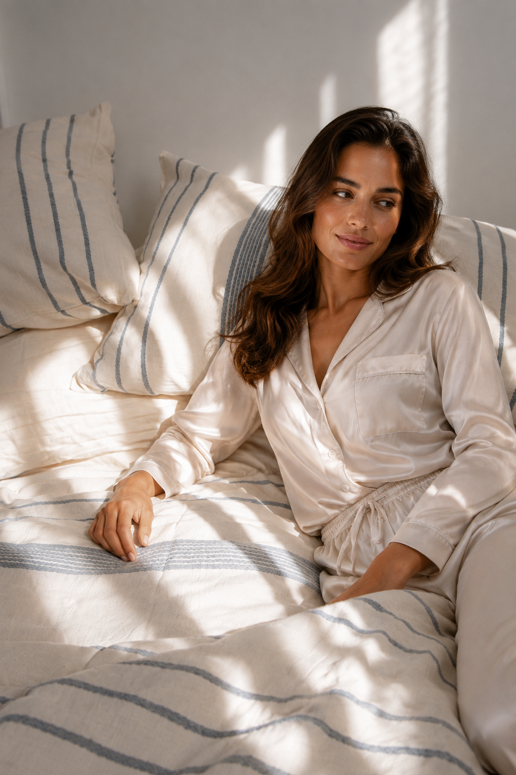 Woman relaxing on sunlit Turkish cotton bedding with soft blue stripes in a bright, minimal bedroom