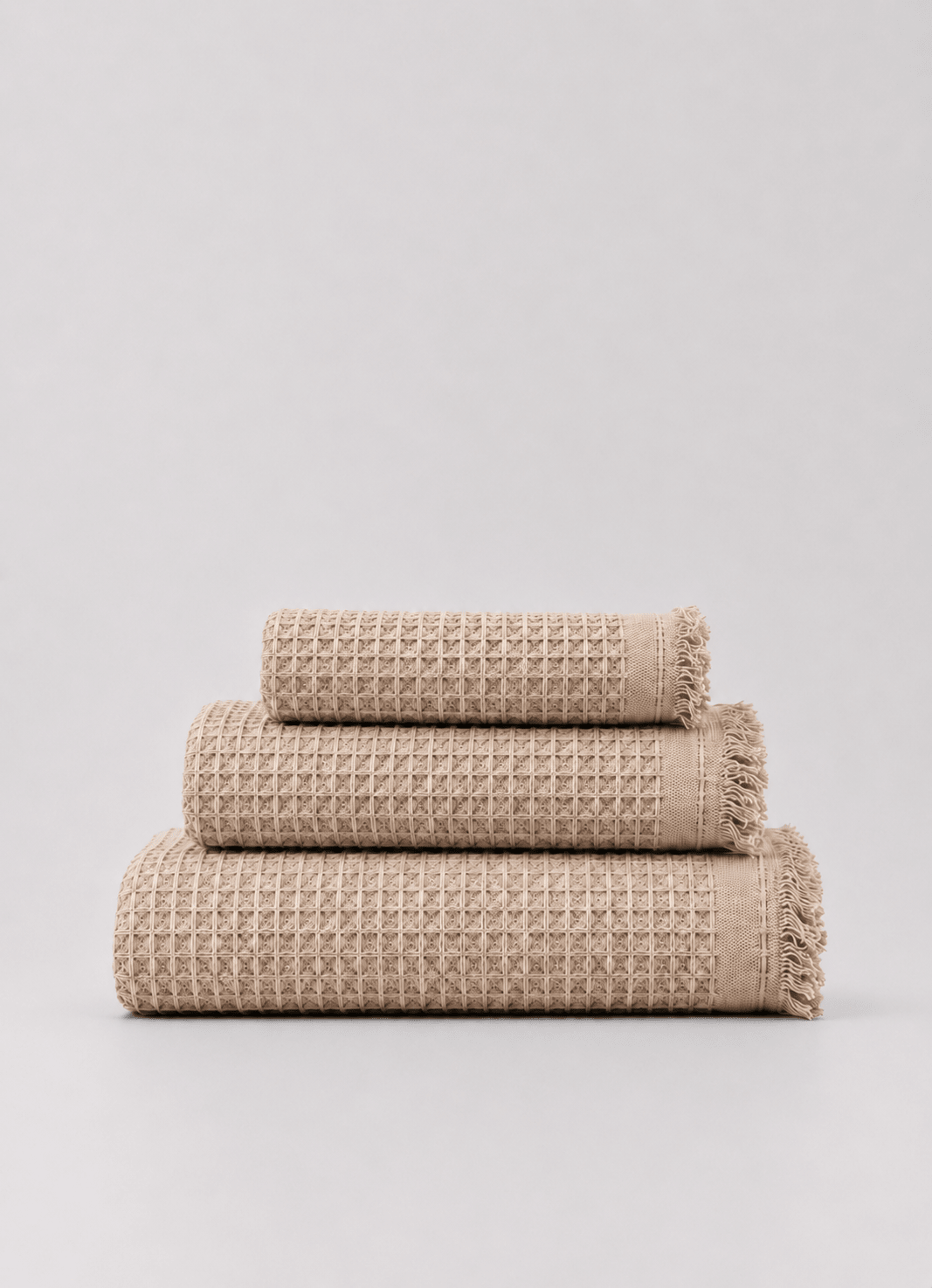 Cloud Waffle Turkish cotton towel in Dune Mist — hero shot of dimensional waffle weave