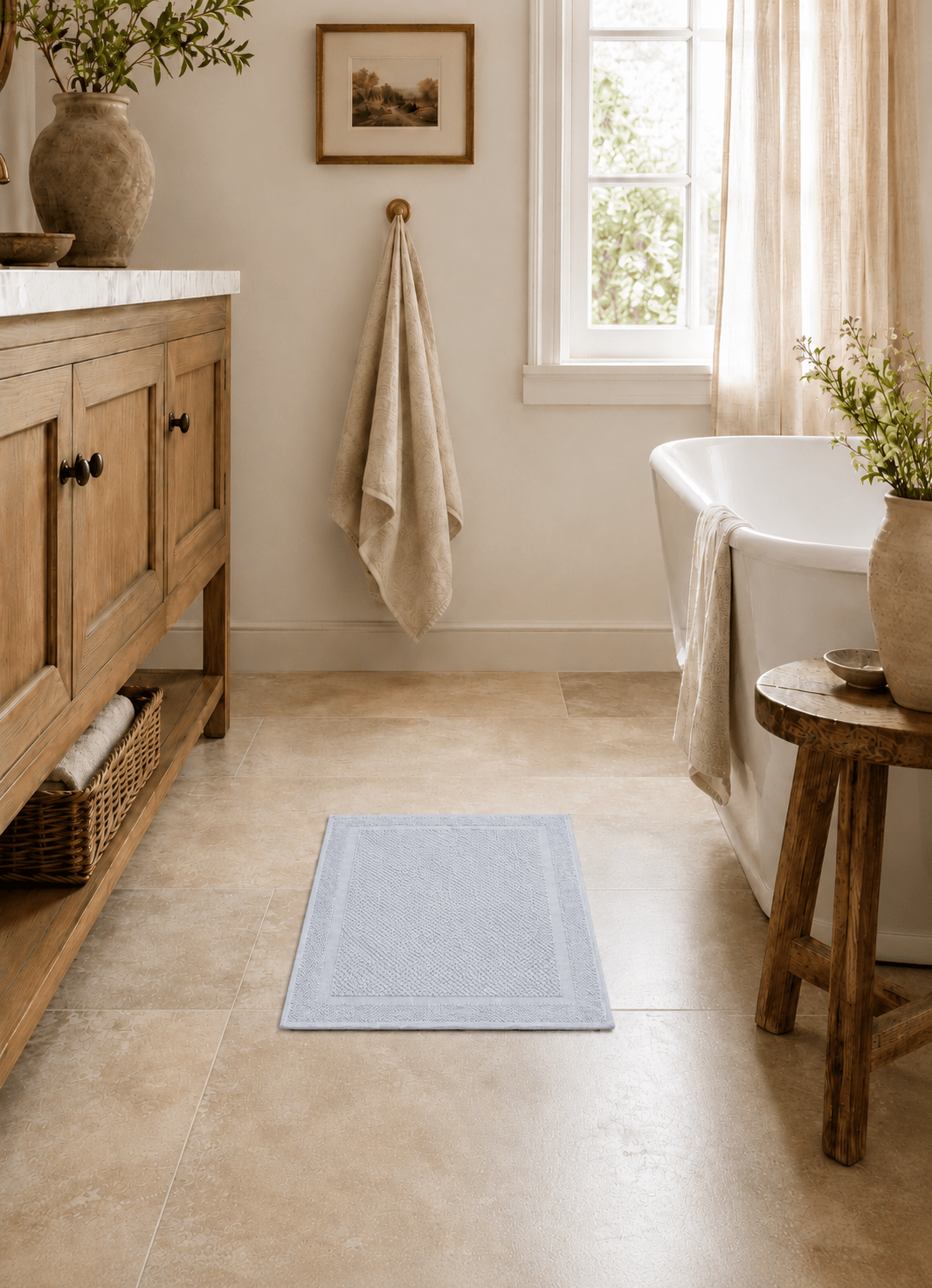 Haven bath mat in Silver Mist — angled view showing plush texture and clean finish