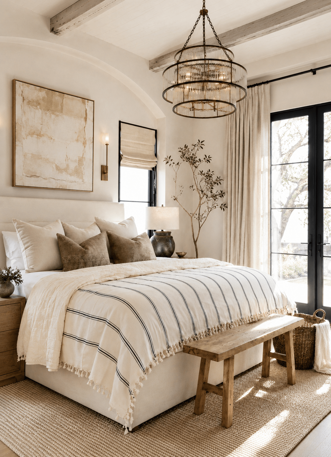 Heritage Weave Stripe in Oat Veil — bedroom styling showing drape and layering
