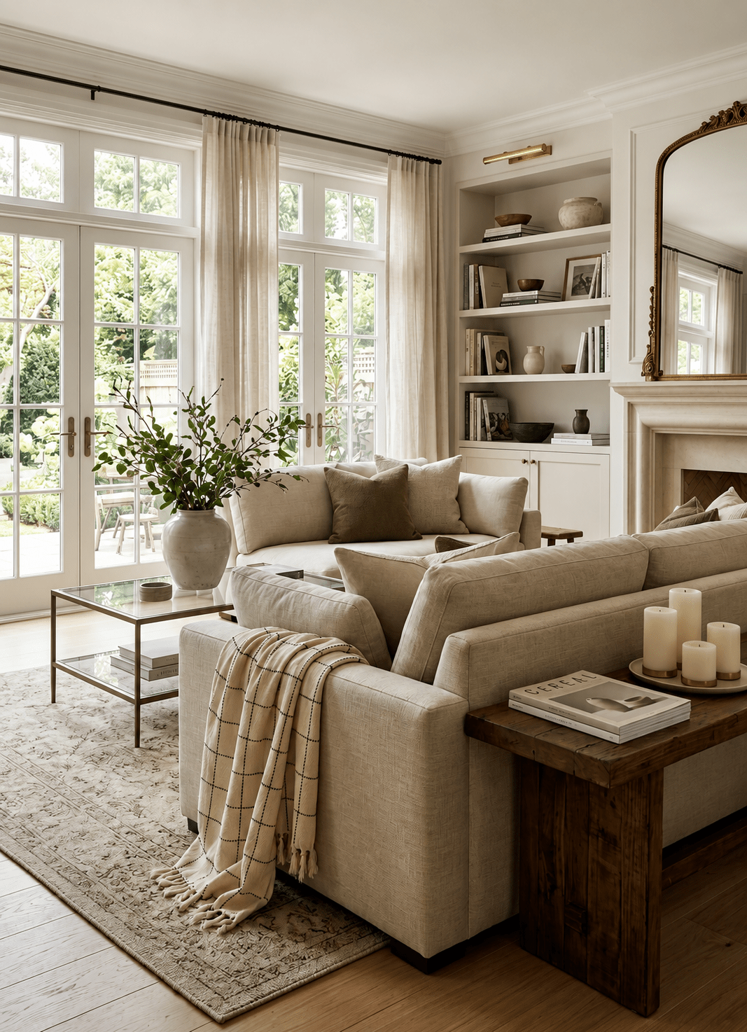 Heritage Weave Windowpane in Oat Veil — lifestyle shot draped over sofa or bed