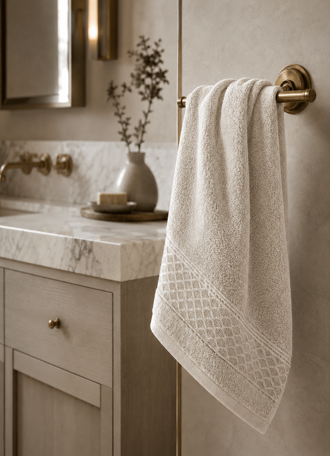 Maris Plush Turkish cotton towel in Alabaster — lifestyle in bathroom setting