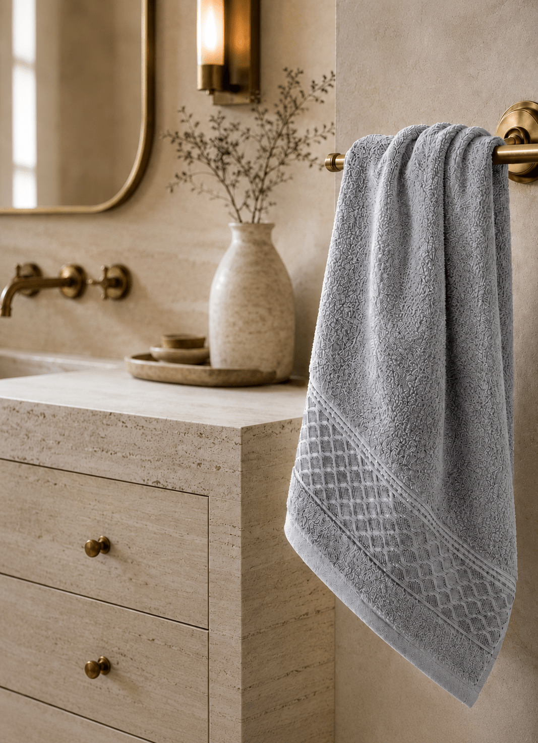Maris Plush Turkish cotton towel in Silver Mist — lifestyle shot in styled bathroom