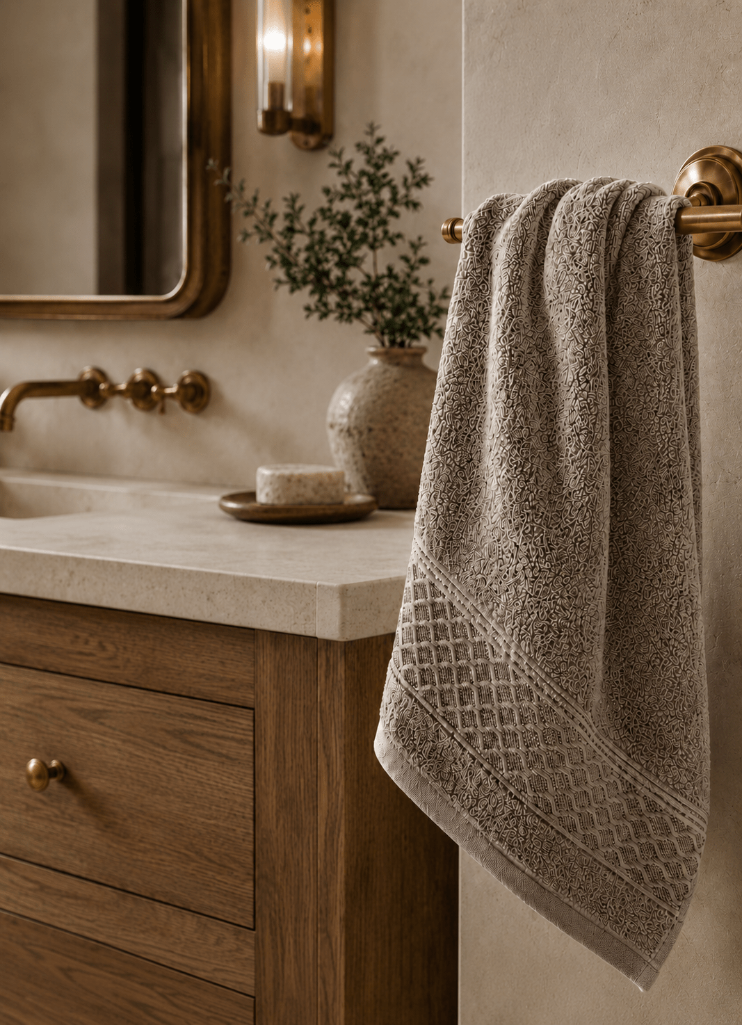 Maris Plush Turkish cotton towel in Stone Taupe — lifestyle shot in styled bathroom