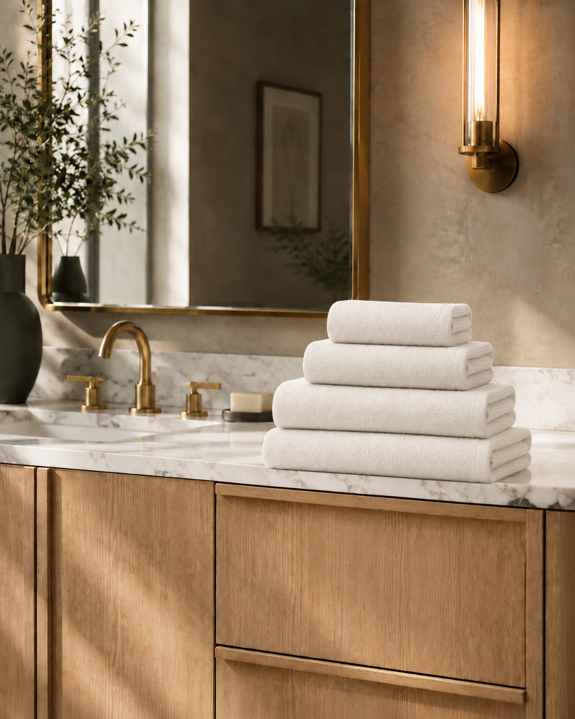 Calinea natural fiber bath towels — folded and styled, showing woven texture