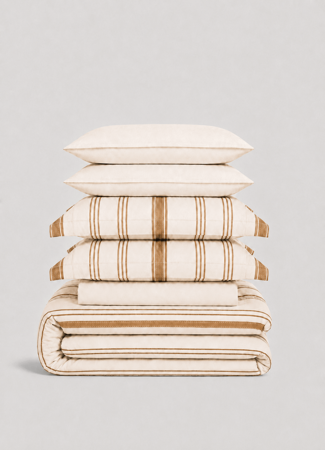 Silken lyocell bedding set in Sand Line — hero shot of cooling, silky-smooth striped bedding