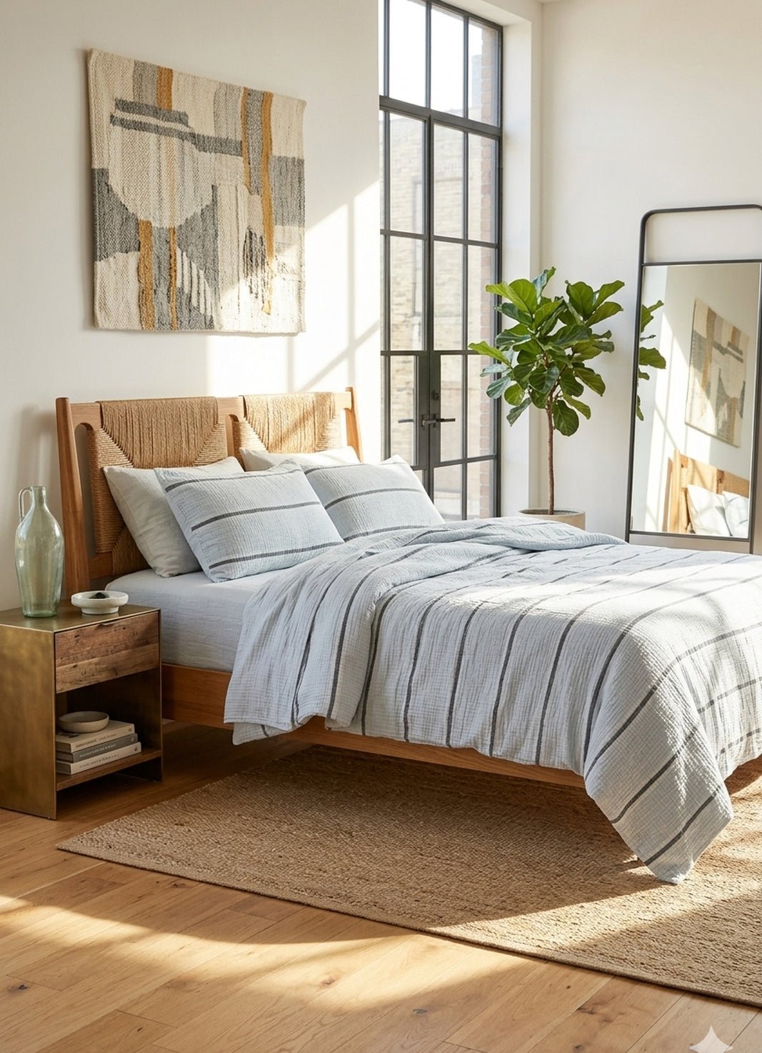 Textured Muslin bedding set in Seaglass — lifestyle shot in styled bedroom