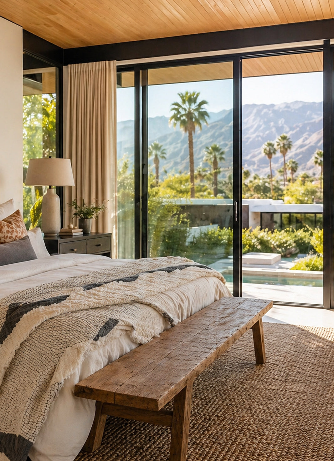 Calinea natural fiber bedding styled in bedroom — cotton muslin in mineral
