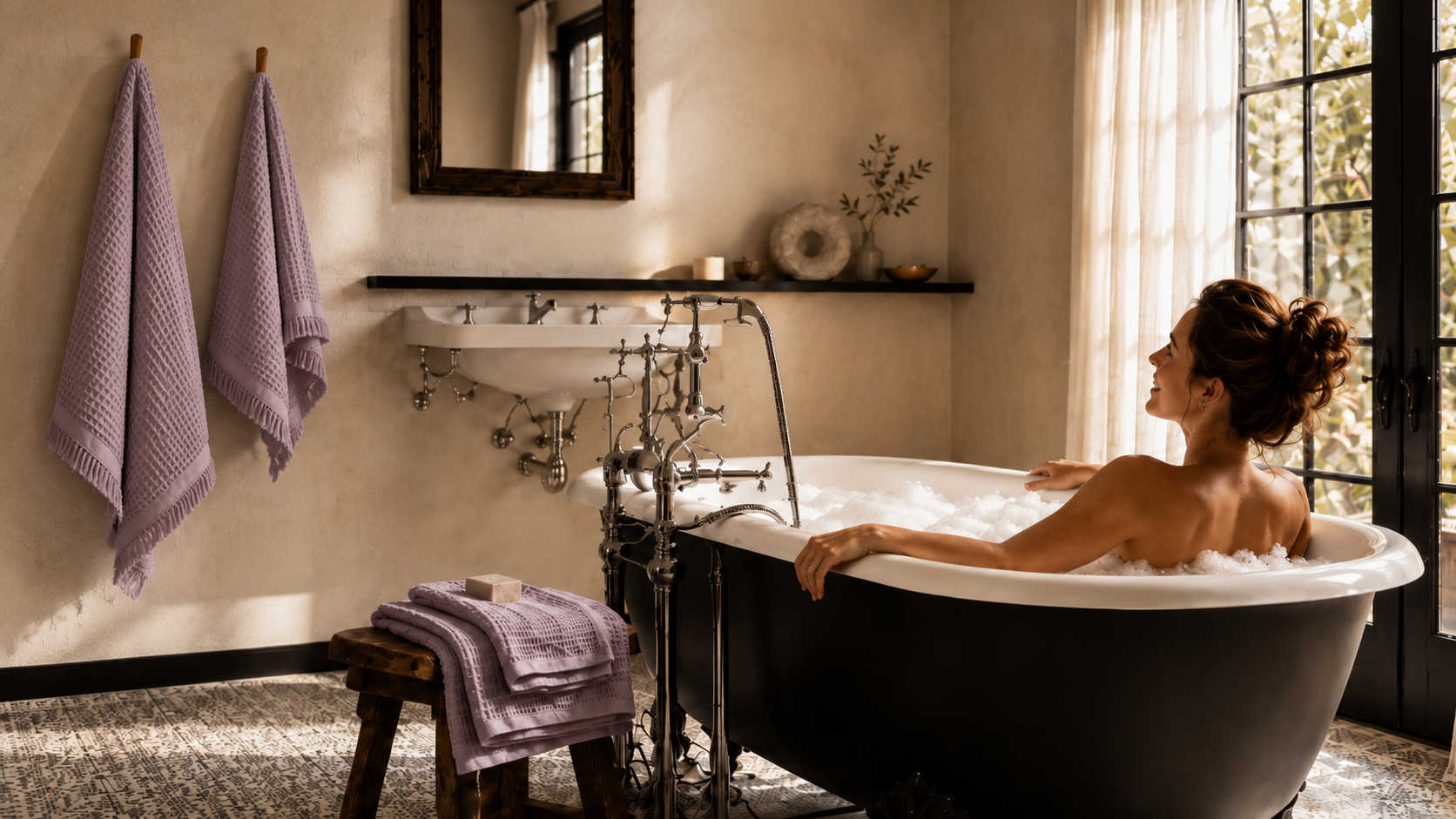 bath tub with towels, promoting Calinea's Soft Summer Days sale