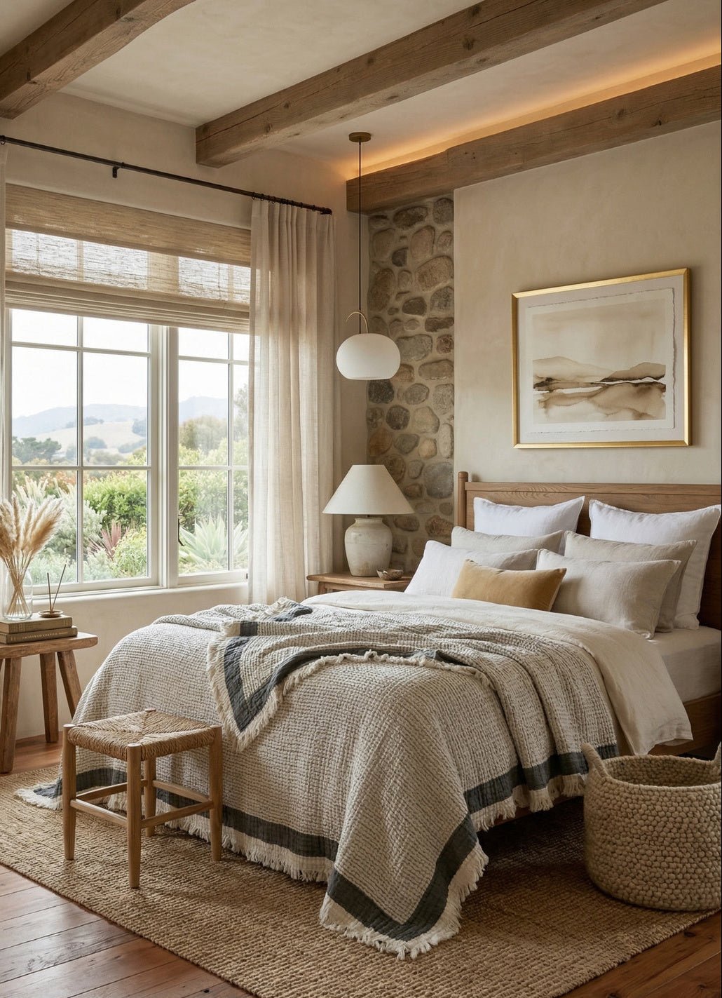 Aurea Muslin coverlet in Mineral — bedroom lifestyle shot with natural light