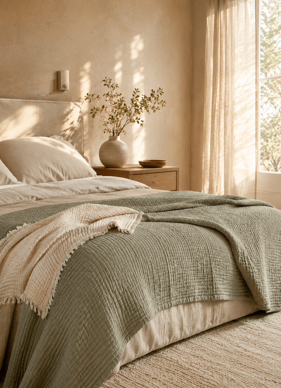 AirWeave Muslin coverlet in Olive — lifestyle shot draped over bed in styled bedroom