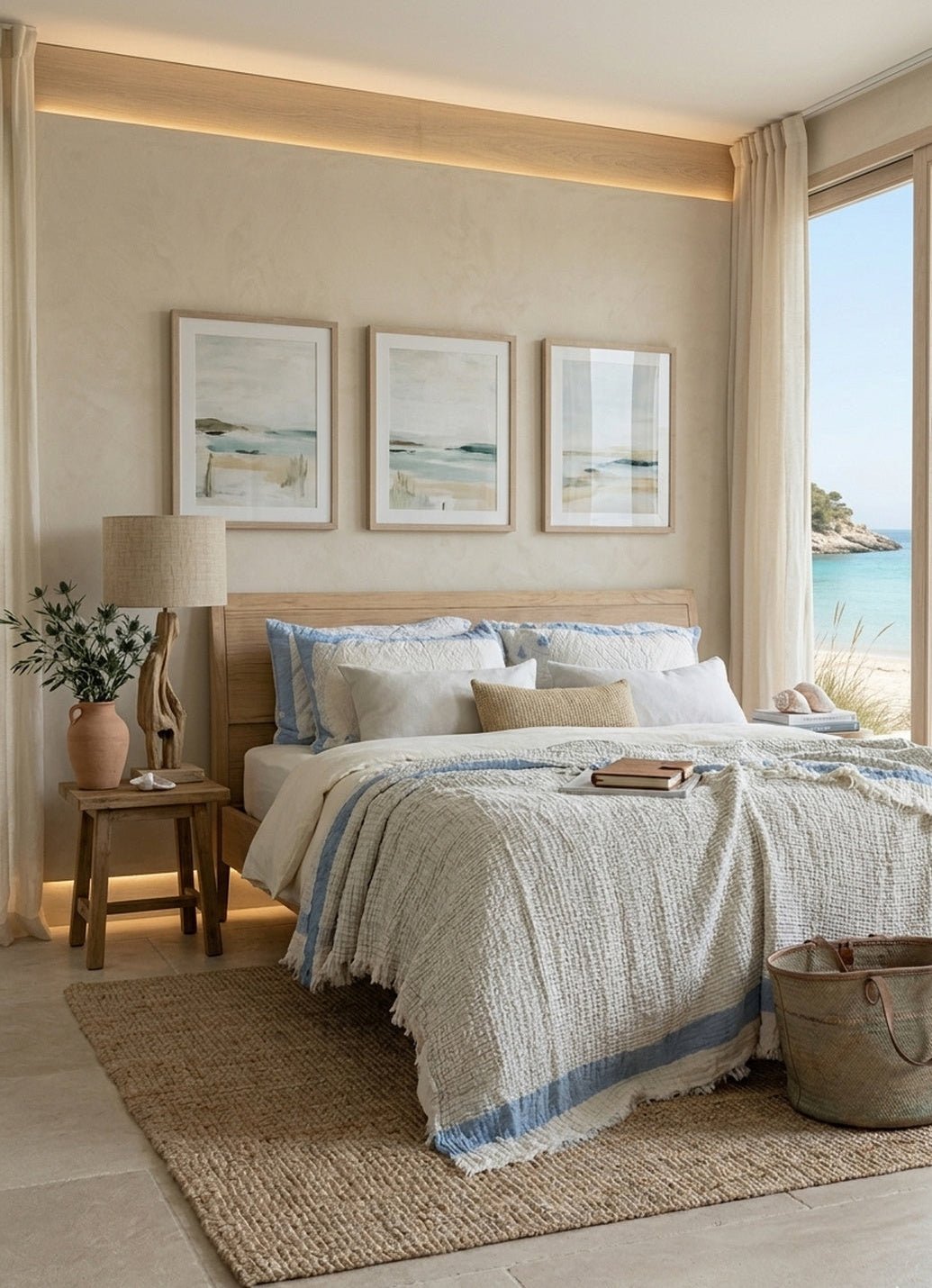 Aurea Muslin coverlet in Sky — lifestyle shot in bright, styled bedroom