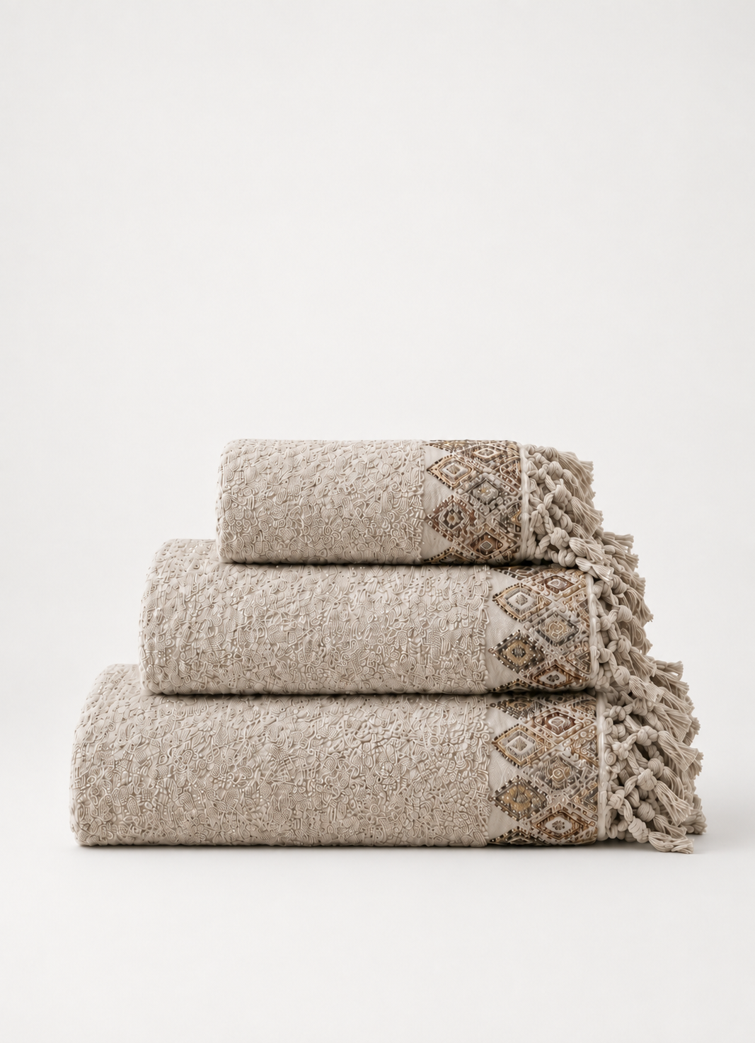 Santa Fe Turkish cotton towel in Soft Sand, stacked hand towel, bath towel and bath sheet — Calinea