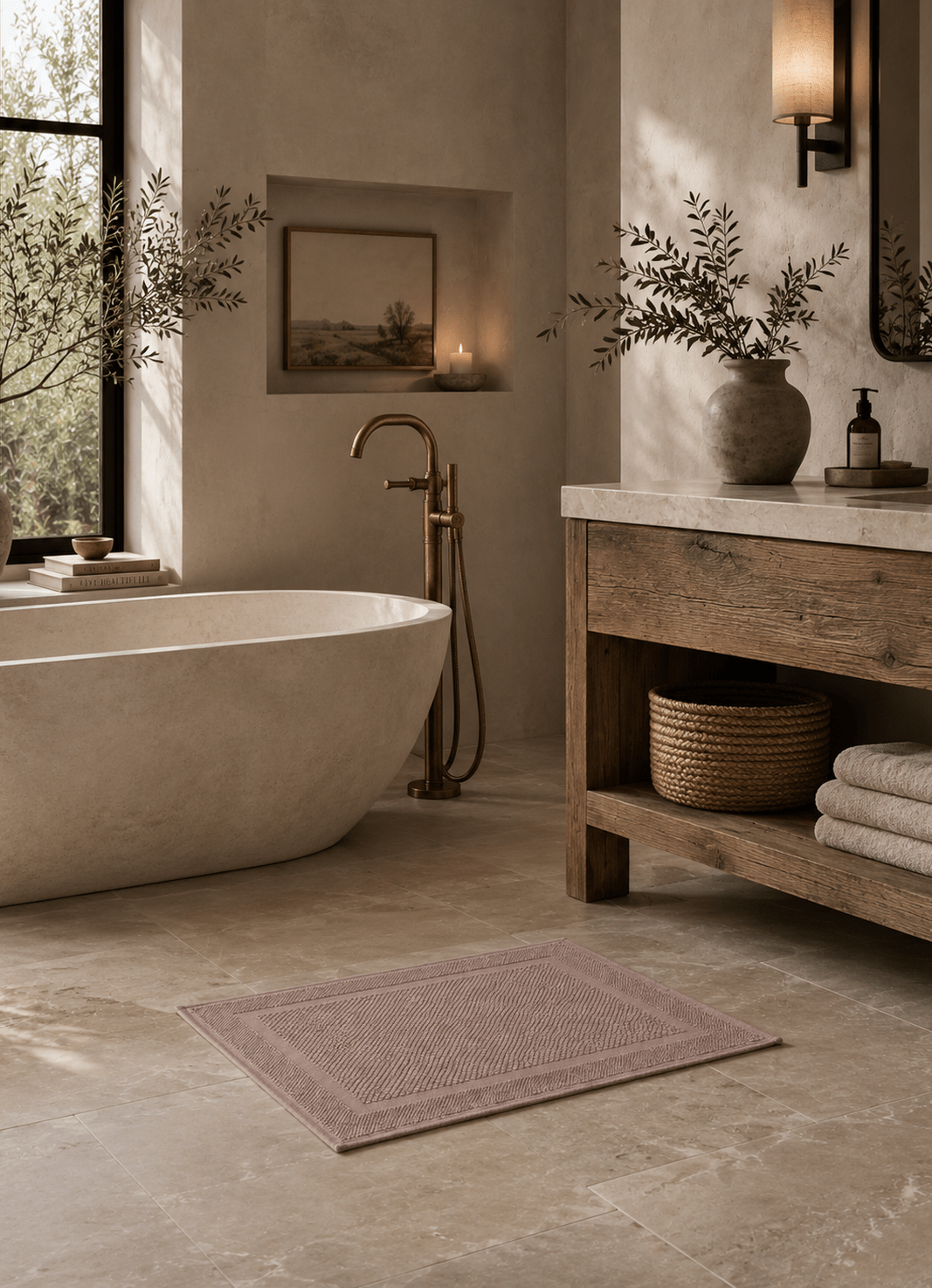 Haven bath mat in Dusty Rose — lifestyle shot in styled bathroom setting