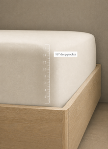 Diagram showing the deep-pocket fitted sheet depth on Calinea bedding sets
