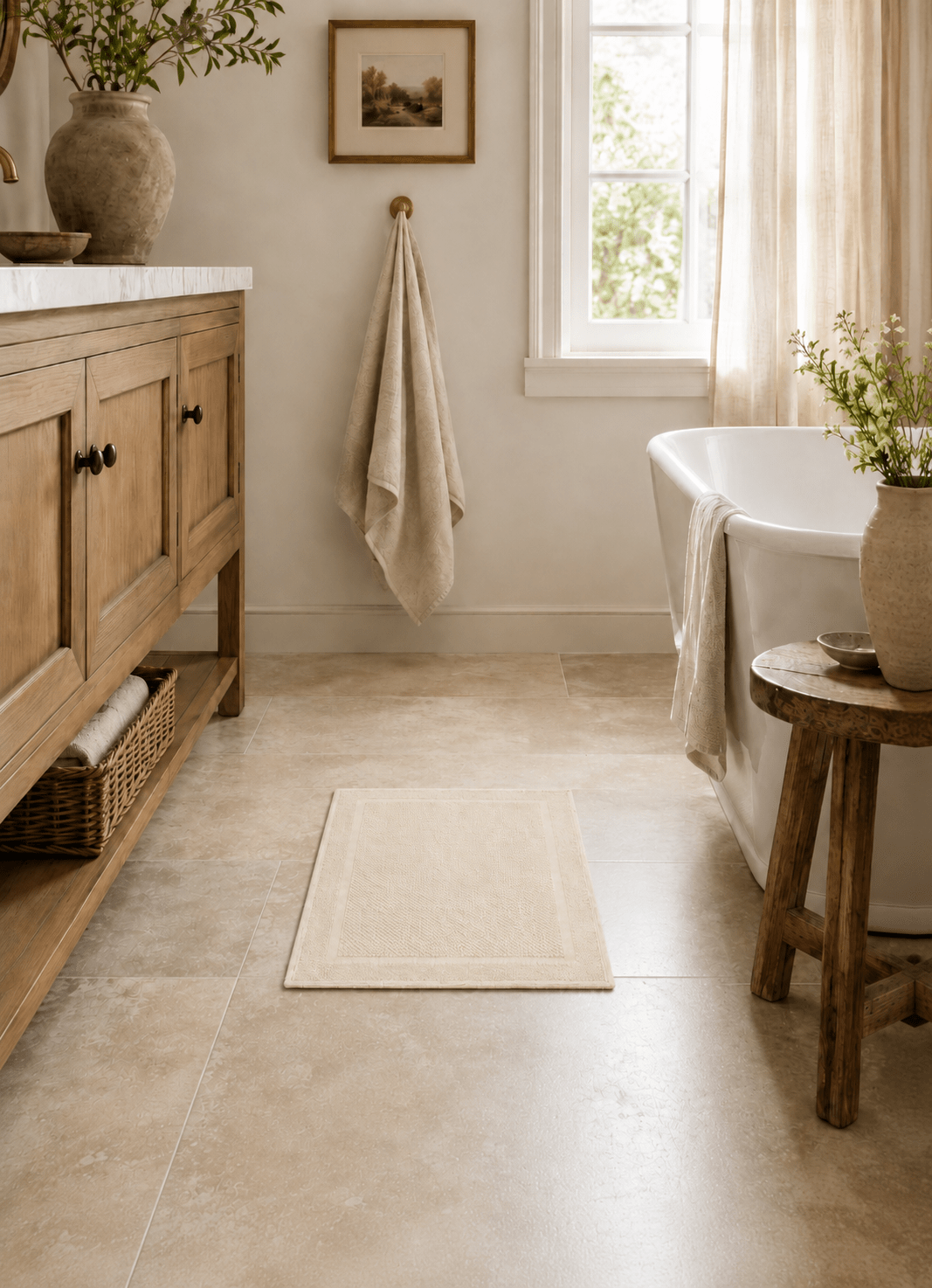 Haven bath mat in Alabaster — lifestyle shot in styled bathroom setting