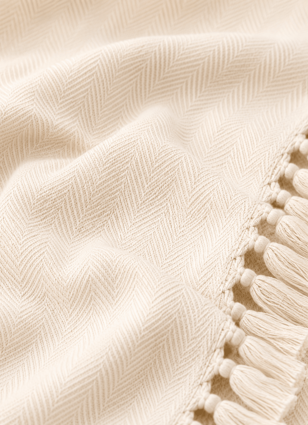 Heritage Weave Herringbone in Alabaster — bedroom view showing texture and drape
