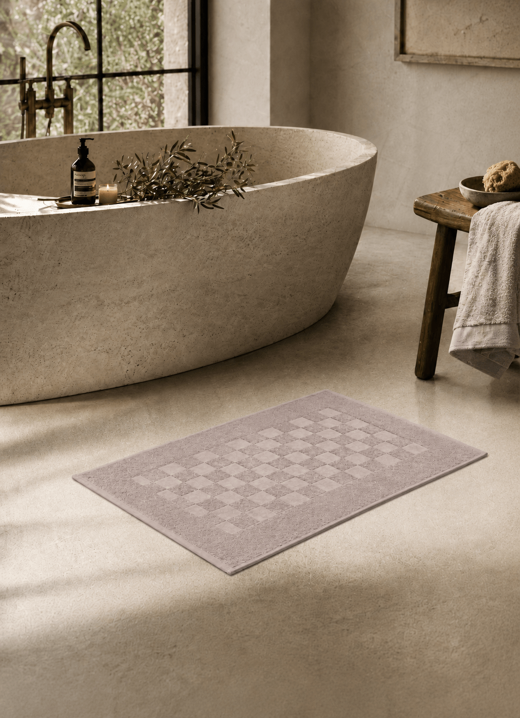 Marlow Check bath mat in Blush Stone — lifestyle shot in styled bathroom