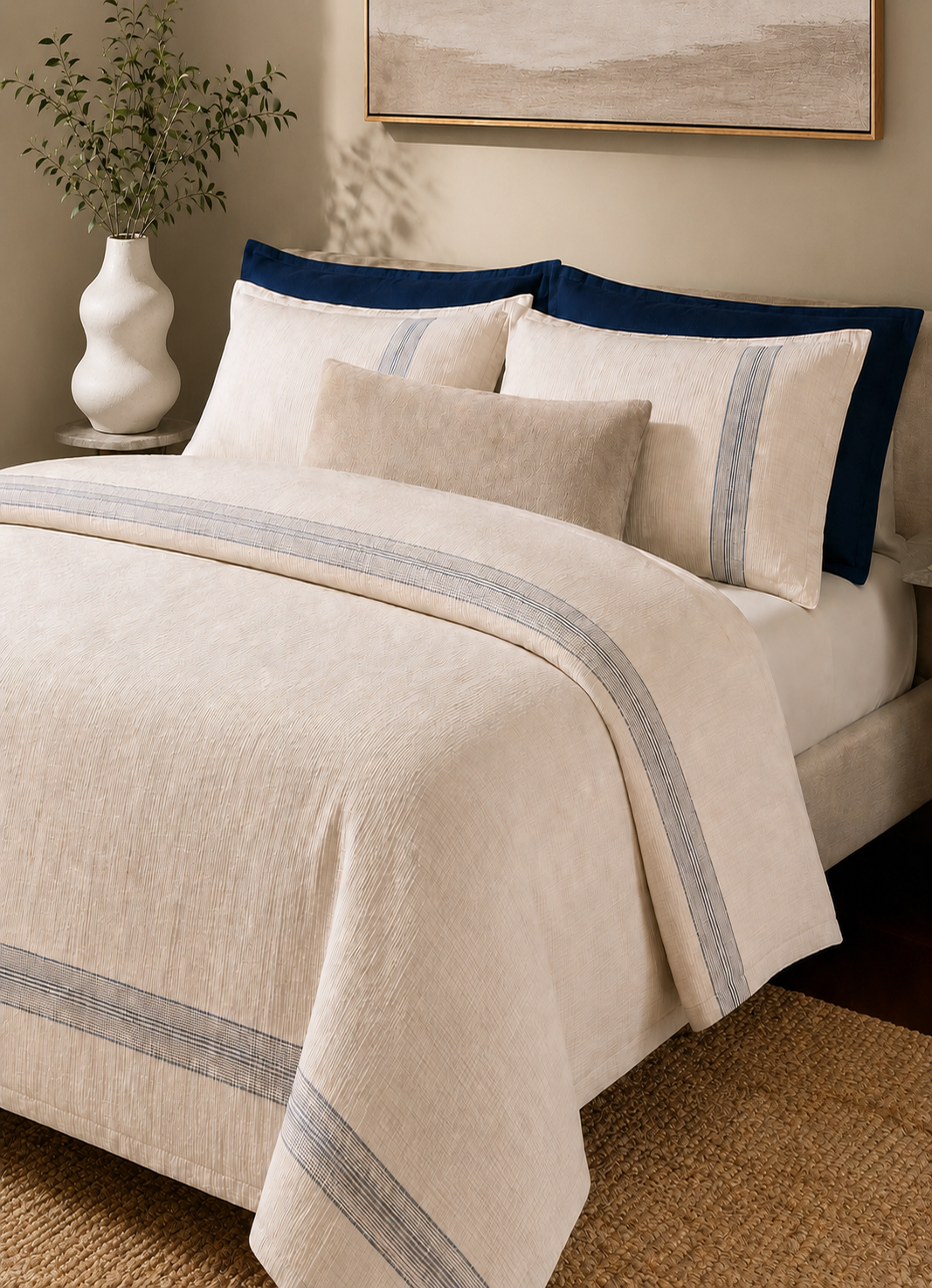 Calinea bedding on a made bed in a quiet neutral bedroom
