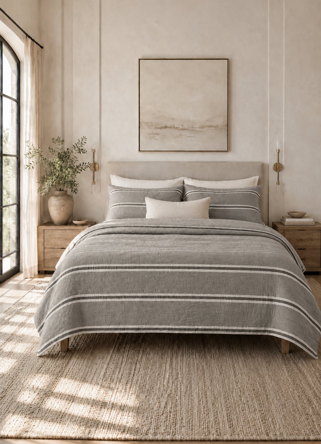 Textured Muslin bedding set in Mineral — lifestyle shot in styled bedroom
