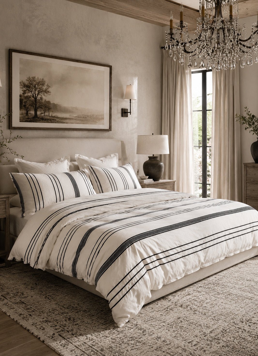 Silken lyocell bedding set in Ink Line — lifestyle shot in styled bedroom