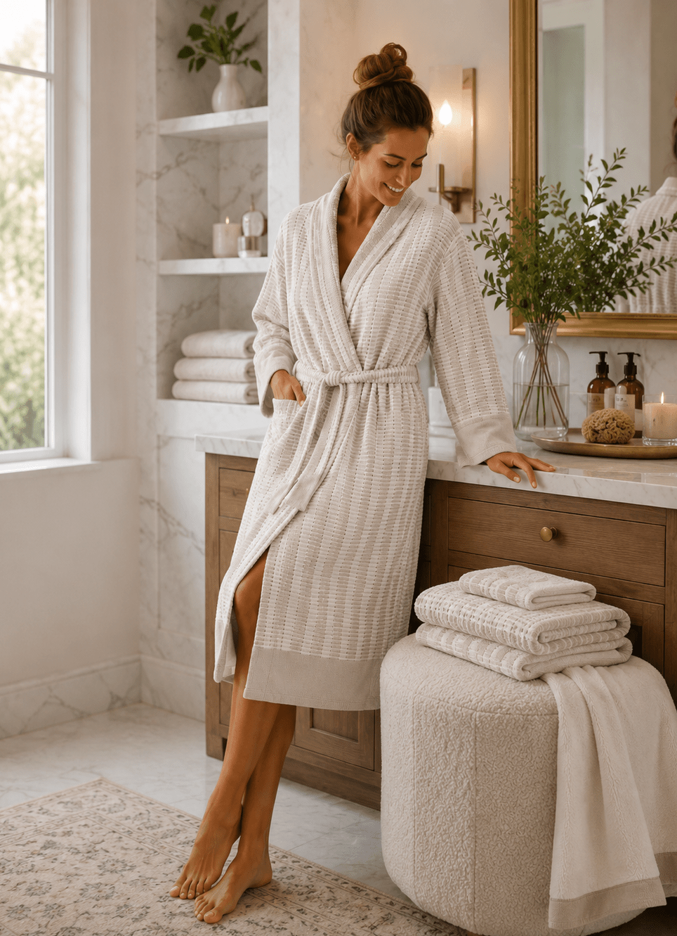 Côte Jacquard Bathrobe - Salt & Sand | Turkish Cotton | Calinea
