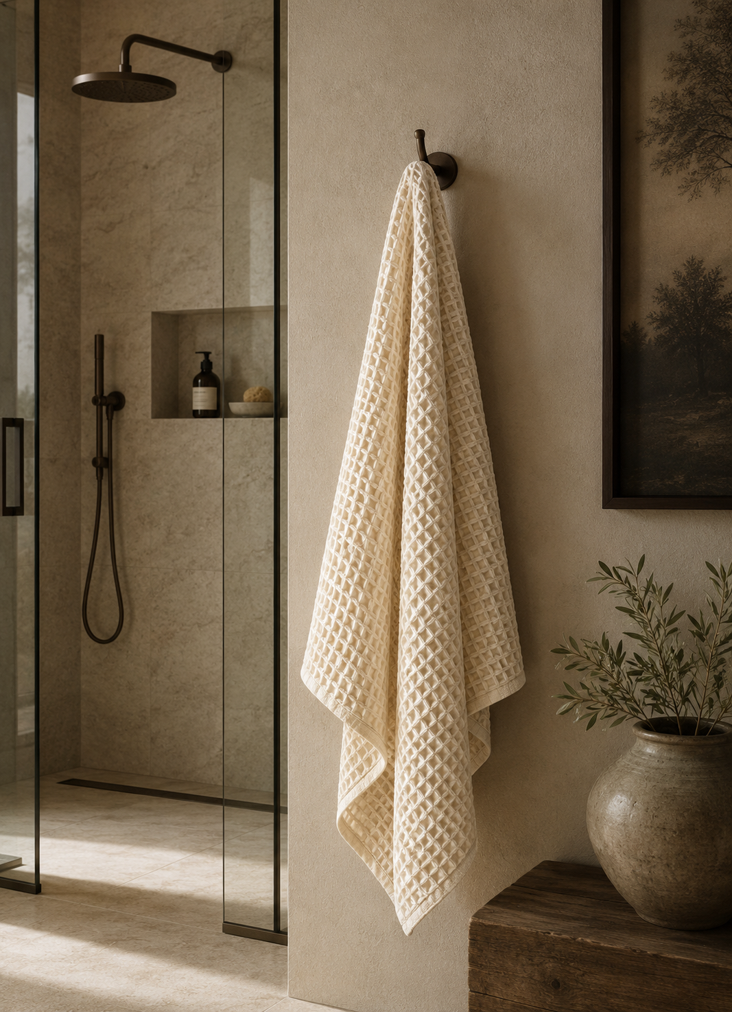 Cream Cove Waffle Turkish cotton towel hanging in a stone shower
