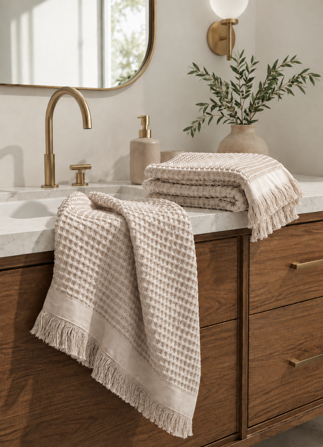 Cloud Waffle towels in Dune Mist on a bathroom vanity