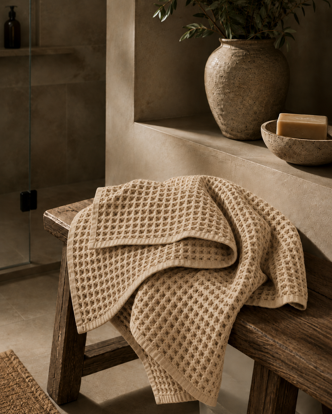 Warm sand Cove Waffle Turkish cotton towel draped over a wooden bench