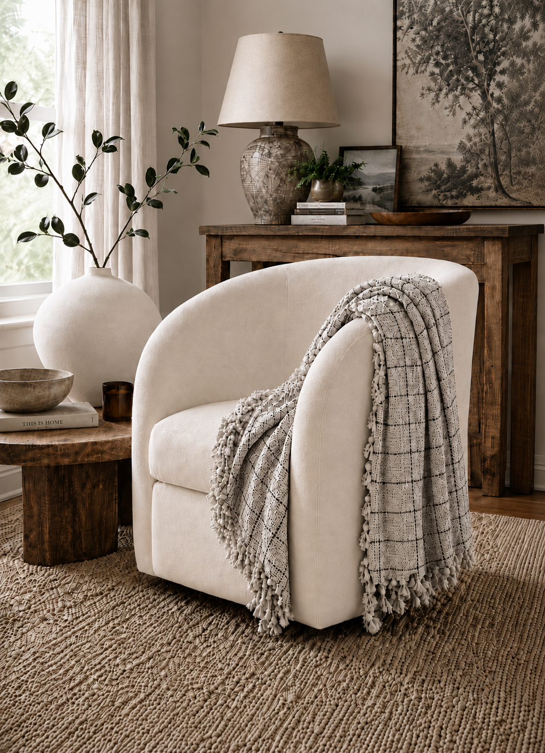 Heritage Windowpane throw in Mineral draped over a cream armchair